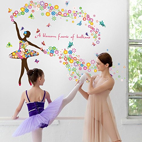 Wallpark Romántico Colorido Flor Hada Ballet Bailarín Ballerina Mariposa Desmontable Pegatinas de Pared Etiqueta de la Pared, Sala Dormitorio Hogar Decorativas Adhesivas DIY Arte Murales