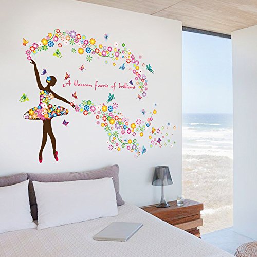 Wallpark Romántico Colorido Flor Hada Ballet Bailarín Ballerina Mariposa Desmontable Pegatinas de Pared Etiqueta de la Pared, Sala Dormitorio Hogar Decorativas Adhesivas DIY Arte Murales