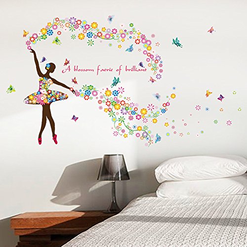 Wallpark Romántico Colorido Flor Hada Ballet Bailarín Ballerina Mariposa Desmontable Pegatinas de Pared Etiqueta de la Pared, Sala Dormitorio Hogar Decorativas Adhesivas DIY Arte Murales