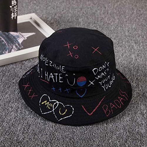 youler Sombrero Pescador, Soft Cotton Sun Cap Creative Graffiti Plegable Bucket Hat Adecuado para Viajes de Pesca al Aire Libre (Negro)