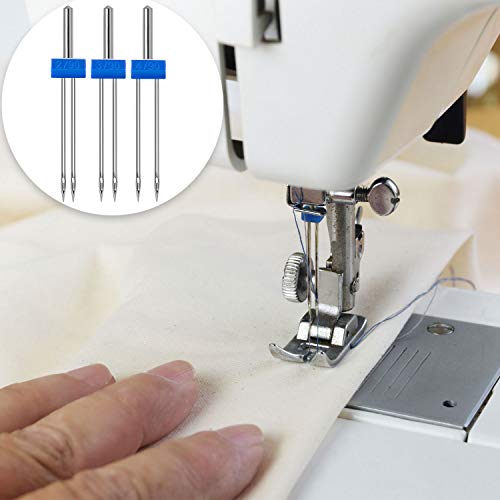 18 Agujas Gemelas de Máquina Coser Agujas Dobles Agujas Gemelas de Estiramiento con Caja Plástico, Enhebrador Automático de Agujas para Máquina Coser Hogar, 3 Tamaños Mixtos 2,0/90, 3,0/90, 4,0/90