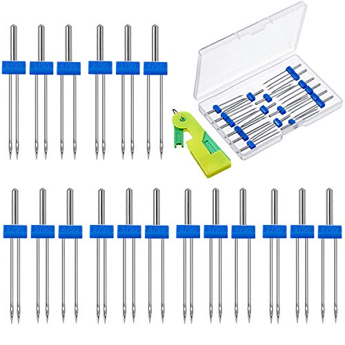 18 Agujas Gemelas de Máquina Coser Agujas Dobles Agujas Gemelas de Estiramiento con Caja Plástico, Enhebrador Automático de Agujas para Máquina Coser Hogar, 3 Tamaños Mixtos 2,0/90, 3,0/90, 4,0/90
