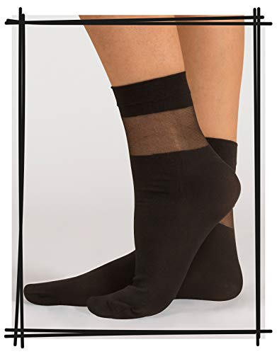 3 PARES CALCETINES SEMI TRANPARENTES DE MUJER A LUNARES Y RAYAS | NEGRO, CRUDO | CALCETERÍA ITALIANA | (3 PARES - NEGRO)