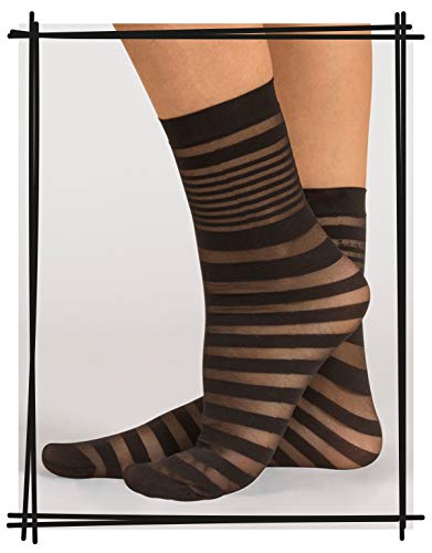 3 PARES CALCETINES SEMI TRANPARENTES DE MUJER A LUNARES Y RAYAS | NEGRO, CRUDO | CALCETERÍA ITALIANA | (3 PARES - NEGRO)
