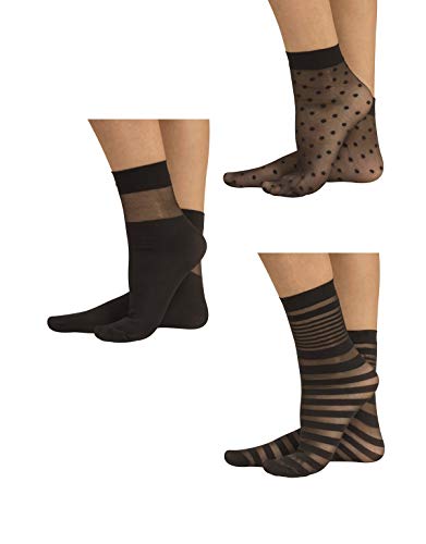 3 PARES CALCETINES SEMI TRANPARENTES DE MUJER A LUNARES Y RAYAS | NEGRO, CRUDO | CALCETERÍA ITALIANA | (3 PARES - NEGRO)