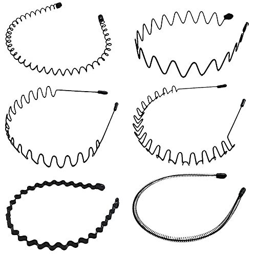 6 Piezas Diademas de Metal,Unisex Elástico Primavera Ondulado Deportes Pelo Aro Banda Niña Hombres para la Cabeza Accesorios ,Negro