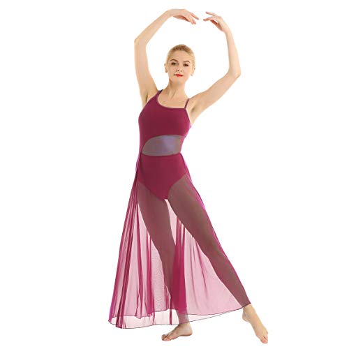 Agoky Vestido de Danza Mujer Clásica Maillots Ballet Baile Leotardo Gimnasia con Tutú Falda Larga de Gasa para Danza Contemporanea Sevillanas Flamengo Niñas Vino Rojo X-Small