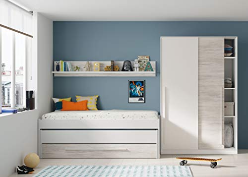 Armario 2 Puertas Correderas para Dormitorio o Habitación, Modelo Elliot, Acabado en Blanco Artik y Blanco Velho, Medidas: 120 cm (Largo) x 200 cm (Alto) x 50 cm (Fondo)