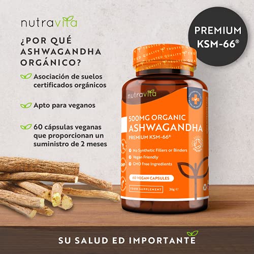 Ashwagandha Orgánica 500mg - KSM-66® Sin Excipientes - 100% Natural Cápsulas Veganas - Suplemento de Ayurvédico de Withania Somnifera (Ginseng Indio) - Hecho en el RU por Nutravita