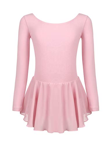 Beyove Vestido de ballet para niña, espalda descubierta, de algodón, manga larga, maillot de ballet para niños, vestido de danza con falda tutú, Rosa., 160 cm