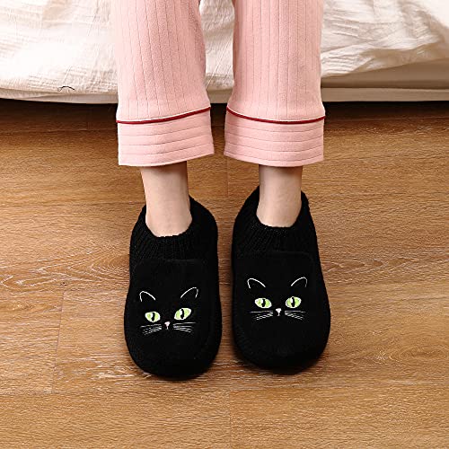 Calcetines de mujer Fuzzy Slipper Calcetines de casa antideslizantes suaves de punto de invierno con pinzas Cute Cat (Negra, 41/42, x_l)