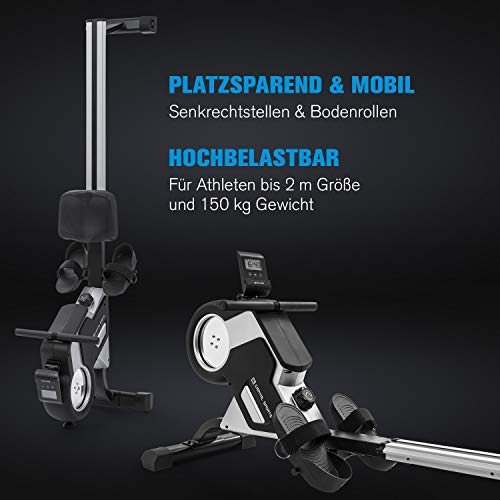 Capital Sports Stream M1 - Maquina de Remo magnética para casa, Resistencia 8 Niveles, Carril Aluminio 105 cm, Altura Regulable, Carga máxima 150 kg, Ruedas, Sillín corredizo de plástico