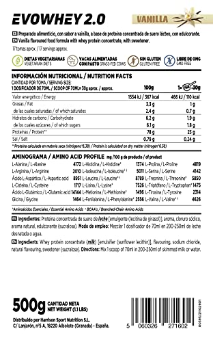 Concentrado de Proteína de Suero de HSN Evowhey Protein 2.0 | Sabor Vainilla 500 g = 17 Tomas | Whey Protein Concentrate para Ganar Masa Muscular | No-GMO, Vegetariano, Sin Gluten ni Soja