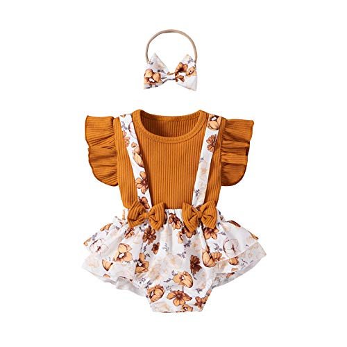 Conjunto Casual 3 Piezas Verano Bebé Camiseta de Manga Corta Volante Cuello Redondo Pantalones Cortos Volantes de Tirantes de Flor y Pajarita Diadema Ropa de Juego para Niña (Marrón, 0-3 Meses)