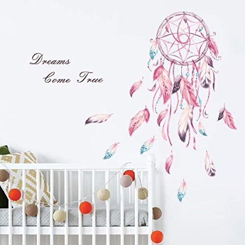 decalmile Pegatinas de Pared Atrapasueños Plumas Rosa Vinilos Decorativos Frases Dreams Come True Adhesivos Pared Habitación Niña Dormitorio Infantiles Niños Bebés