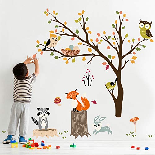 decalmile Pegatinas de Pared Bosque Animales Árbol Vinilos Decorativos Búho Zorro Ciervo Adhesivos Pared Habitación Niño Bebé Guardería