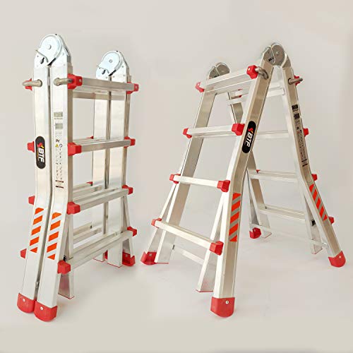 Escalera Articulada Telescópica Plegable 4+3 en 2 Tramos Profesional de Aluminio. Escada Articulada Telescópica (Hasta 14 Peldaños/Até 14 degraus)