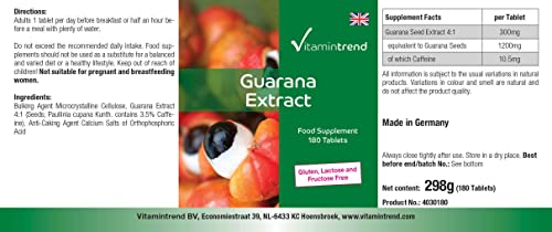 Extracto de guaraná 300mg – 4 veces mayor concentración – vegano – tratamiento para 6 meses – 180 comprimidos