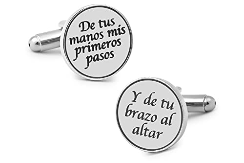Gemelolandia | Gemelos para boda - Gemelos para Camisa De tus Manos Mis Primeros Pasos, Y de Tu Brazo al Altar Plateado 15mm | Regalos Para Bodas, Comuniones, Bautizos y Otros Eventos