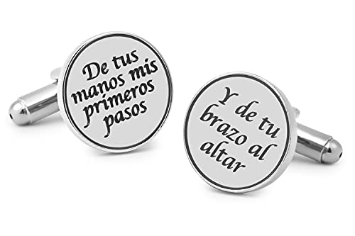 Gemelolandia | Gemelos para boda - Gemelos para Camisa De tus Manos Mis Primeros Pasos, Y de Tu Brazo al Altar Plateado 15mm | Regalos Para Bodas, Comuniones, Bautizos y Otros Eventos