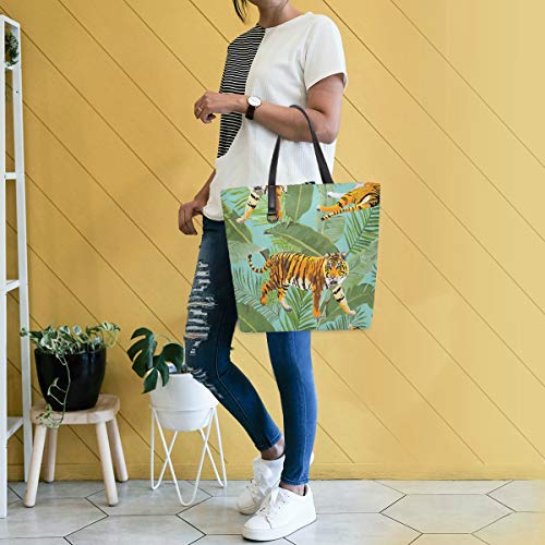 GIGIJY - Bolso de mano con diseño de tigre tropical y hojas de palma, tamaño grande para mujer