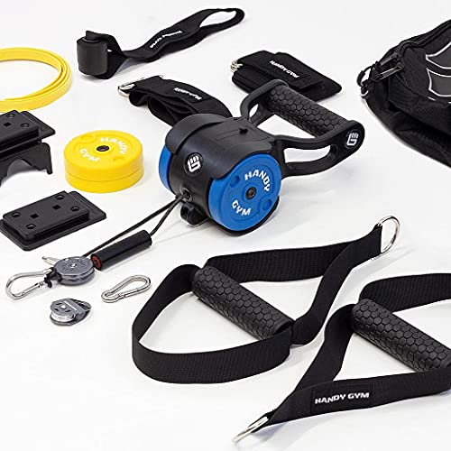 HANDY GYM Elite - El Gimnasio en casa más pequeño, Potente y portátil del Mundo-Entrenamiento en casa-hasta 34 Kilos Resistencia en Menos de 1Kg-Equivalente a una Maquina de Gimnasio Multifuncional