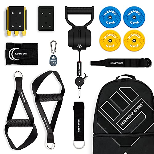 HANDY GYM Elite - El Gimnasio en casa más pequeño, Potente y portátil del Mundo-Entrenamiento en casa-hasta 34 Kilos Resistencia en Menos de 1Kg-Equivalente a una Maquina de Gimnasio Multifuncional