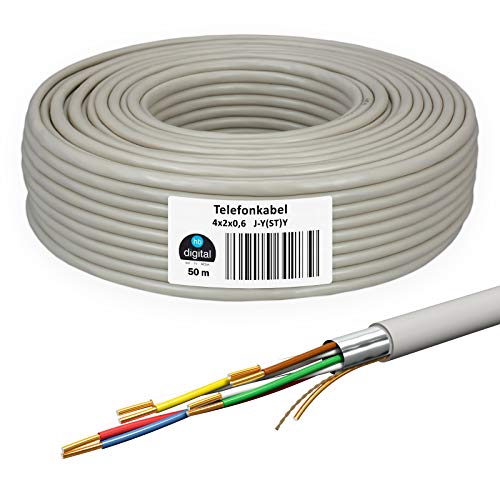 HB-DIGITAL 50m de cable telefónico 4 x 2 x 0.6 J-Y(ST) Y Cable de tendido JYSTY 8 hilos de cable telefónico