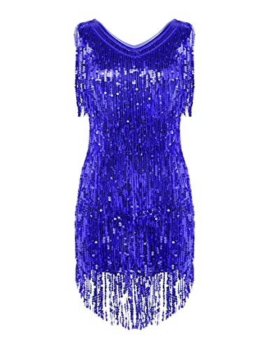IEFIEL Vestido Flecos de Danza Latina para Mujer Vestido Lentejuelas de Danza Maderna Disfraz Bailarina de Fiesta Vestido Corto de Salsa Rumba Azul Medium