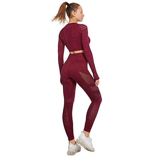Jamron Mujer Conjunto de Ropa de Yoga Top Corto + Polainas 2 Piezas Chandal Gimnasio Fitness Ropa Deportiva Borgoña SN05405 S