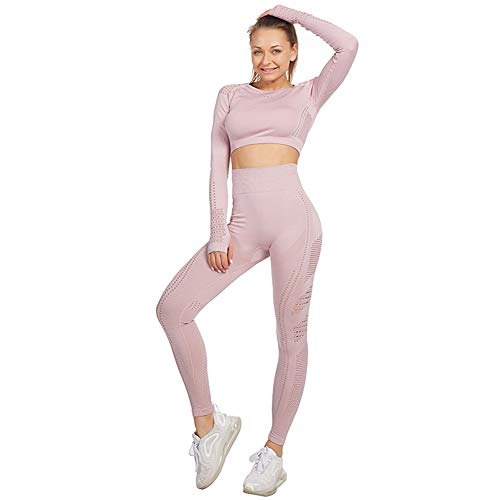 Jamron Mujer Conjunto de Ropa de Yoga Top Corto + Polainas 2 Piezas Chandal Gimnasio Fitness Ropa Deportiva Rosa de Loto SN05405 S