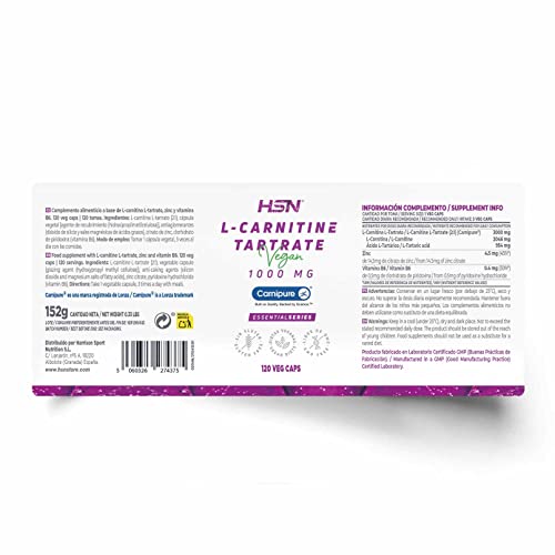 L-Carnitina L-Tartrato Carnipure de HSN | 120 Cápsulas Vegetales | 3000 mg por Dosis Diaria de Carnitina de Máxima Absorción y Eficacia | Alta Pureza y Calidad | No-GMO, Vegano, Sin Gluten