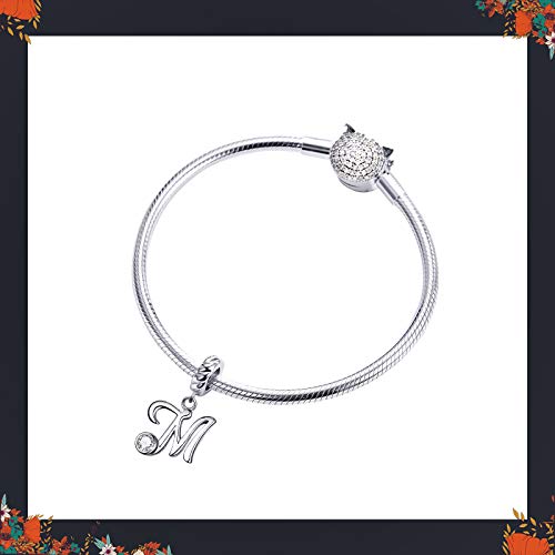 LaMenars Letras Colgantes de Alfabeto A-Z Abalorios Charms Originales Plata de Ley 925 con Circonita Cúbica para Pandora & Europeo Pulseras Brazaletes Collares para Mujer (Letter M)