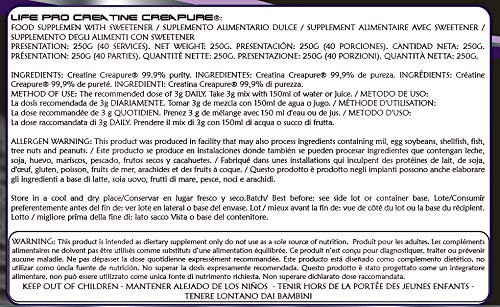 Life Pro Creatine Creapure 250g | Suplemento de Creatina en Polvo con 99.9% de Pureza para Deportistas, Aumenta Resistencia y Fuerza, Sabor Neutro