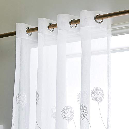 MIULEE Cortinas Bordado Translucida Dormitorio Moderno Ventana Visillos Rayas Salon Paneles con Ojales Plateados para Sala Cuarto Salon Cocina Habitación 140x245cm 2 Piezas Hortensia Blanca