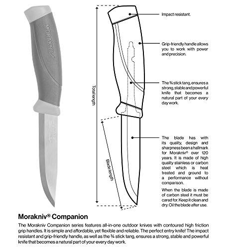 Morakniv Companion M11827 AA8 - Cuchillo con hoja de acero inoxidable, mango antideslizante, color verde oliva y funda con clip para cinturón