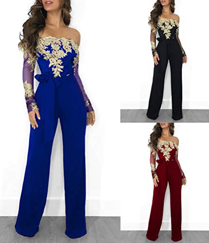 Mujer Encaje Monos Pantalones De Pierna Ancha Elegante Manga Larga Cinturón Jumpsuit Playsuit de Fiesta Noche Cóctel Banquete Oro Borgoña ES 40