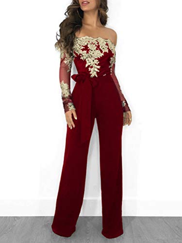 Mujer Encaje Monos Pantalones De Pierna Ancha Elegante Manga Larga Cinturón Jumpsuit Playsuit de Fiesta Noche Cóctel Banquete Oro Borgoña ES 40