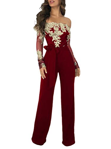 Mujer Encaje Monos Pantalones De Pierna Ancha Elegante Manga Larga Cinturón Jumpsuit Playsuit de Fiesta Noche Cóctel Banquete Oro Borgoña ES 40