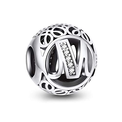 NINGAN Abalorios Charms Colgantes de Alfabeto Cuentas Plata de Ley 925 con Circonita cúbica Transparente Compatible con Pulsera Pandora & Europeo, Charms de Letra para Mujer Niña (Letra M)