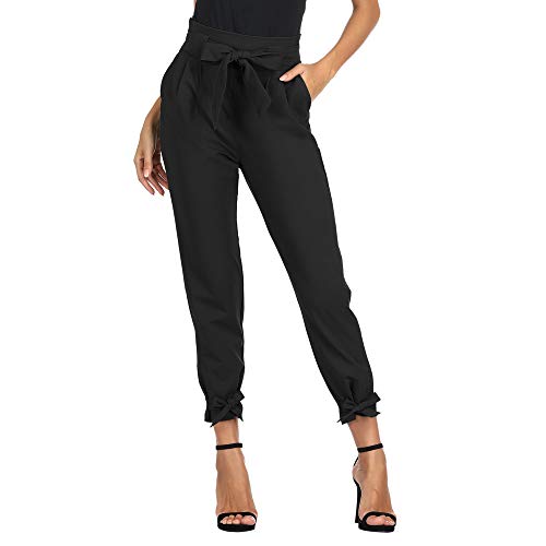 Pantalones Anchos para Mujer de Verano con Cintura Alta Cinturón Elástico con Arco Transpirable Ligero Casual Negro S Cl10903-1