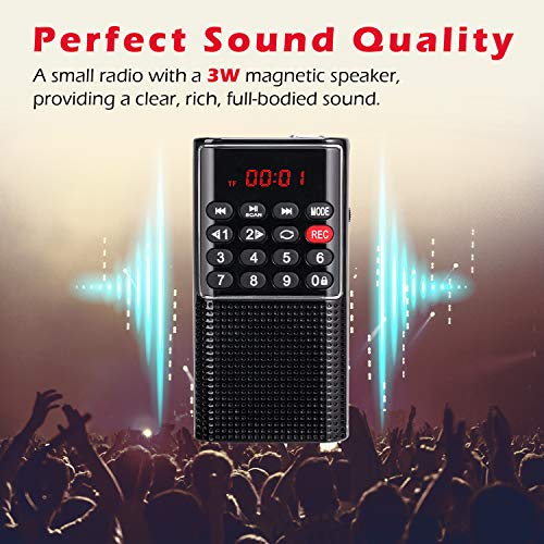 PRUNUS J-328 Radio Portatil Pequeña Recargable FM, Mini Radio de Bolsillo Digital con grabadora, Reproductor de música SD/TF/AUX, Radio Pequeña con Botones de Bloqueo para Correr, Viajar(Negro)