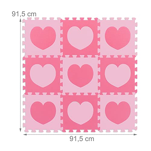 Relaxdays Alfombra Puzle Corazón Niños, 18 Piezas, Colchoneta Bebés, Goma EVA no Nociva, 91,5 x 91,5 cm, Rosado y Fucsia, Etilvinilacetato, Rosa, Set de 9