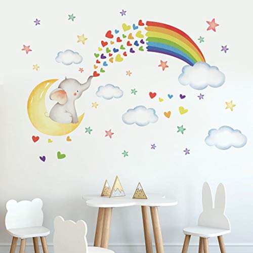 Runtoo Pegatinas de Pared Elefante Luna Stickers Adhesivos Vinilo Arco Iris Arte Decorativas Infantiles Habitacion Bebe
