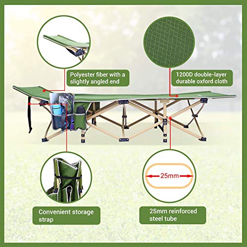 Sportneer Cama de Camping, Carga máxima 206 Kilos, 2 Grandes Bolsillos en los Laterales. Cama Plegable portátil con Bolsa de para Acampada, Playa, Senderismo, Viajes de mochilero, Oficina, Verde