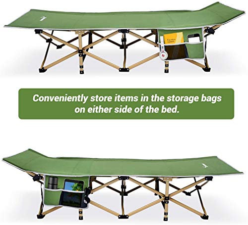 Sportneer Cama de Camping, Carga máxima 206 Kilos, 2 Grandes Bolsillos en los Laterales. Cama Plegable portátil con Bolsa de para Acampada, Playa, Senderismo, Viajes de mochilero, Oficina, Verde