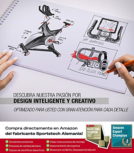 Sportstech Bicicleta estática profesional SX500 -Marca de Calidad Alemana -Eventos en vivo y App Multijugador, volante de 25KG, compatible con pulsómetro, Pedales de Click SPD, hasta 150KG, con eBook