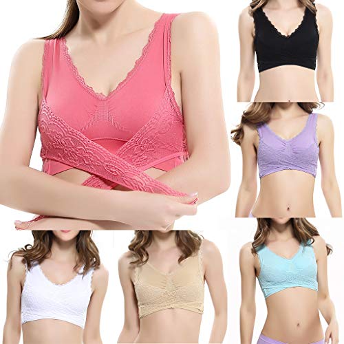 Sujetador Deportivo para Mujer SHOBDW 2019 Nuevo Cómodo Color Sólido Cuello en V Tank Tops Blusa Encaje Camisole Camisetas Mujer Tirantes Deporte Bra Tallas Grandes S-6XL(Beige,XXL)
