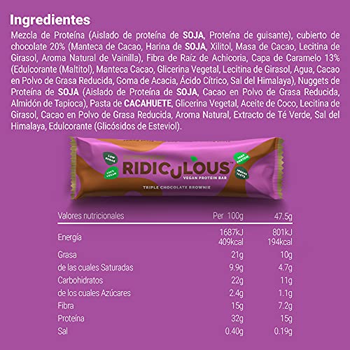 THE PROTEIN WORKS Barrita Proteica Vegana Ridiculous | 100% A Base de Plantas | Sin Aceite de Palma | 15g Proteína y Baja en Azúcar | Triple Chocolate Brownie | Caja de 9