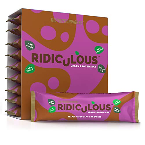 THE PROTEIN WORKS Barrita Proteica Vegana Ridiculous | 100% A Base de Plantas | Sin Aceite de Palma | 15g Proteína y Baja en Azúcar | Triple Chocolate Brownie | Caja de 9